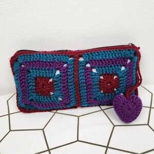 Handmade Crochet Granny Square Clutch Lined Boho Heart Charm Makeup Pouch